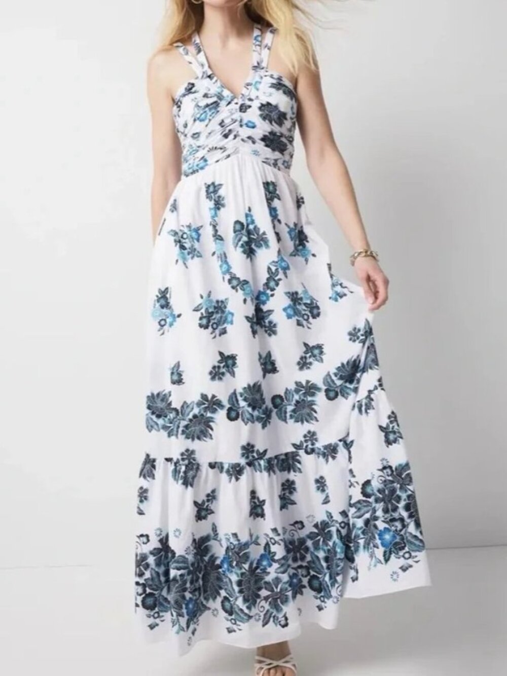 Floral Rain Cotton Dress Interlaced Straps Summer Flouncy Hem - Picture 1 of 10